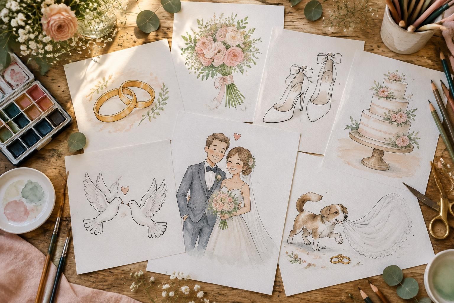 découvrez des idées de dessins de mariage simples et amusantes, des inspirations à l’aquarelle et des coloriages à imprimer pour célébrer les mariés.